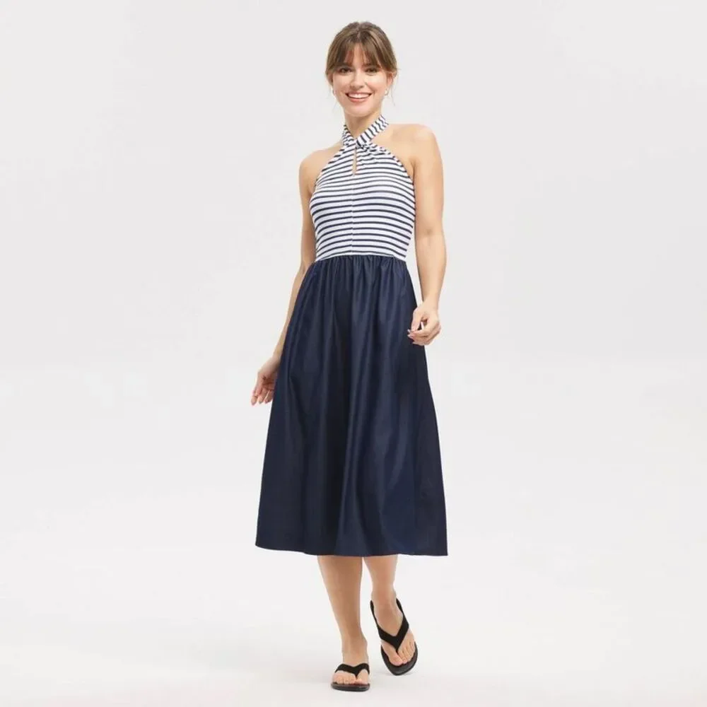 Universal Thread - Women's Mixed Fabric Tie-Back Midi Dress - Univers Navy Blue - Picture 1 of 3